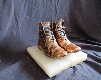 Mid Century Bookends, Stone With Bronze Dipped Baby Shoes