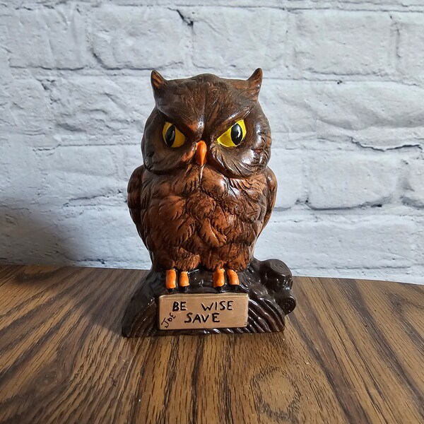 vintage brown ceramic owl bank 'Be Wise Save'