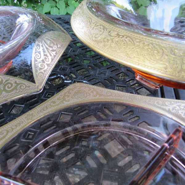 Vintage Cambridge Console Bowl Set Three(3) Rolled Edge Gold Encrusted Pink Glass, circa 1927 - 1930s