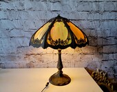 Antique Curved Glass Slag Glass Table Lamp, Ornate Brass Circa 1910s