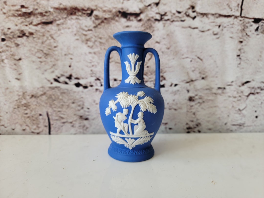 Vintage Japan Double Handle Urn Vase Wedgewood Blue Jasperware Etsy