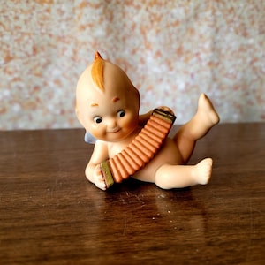 Vintage Ardalt Japan Blue Winged Kewpie Porcelain Accordian Figurine 6400F
