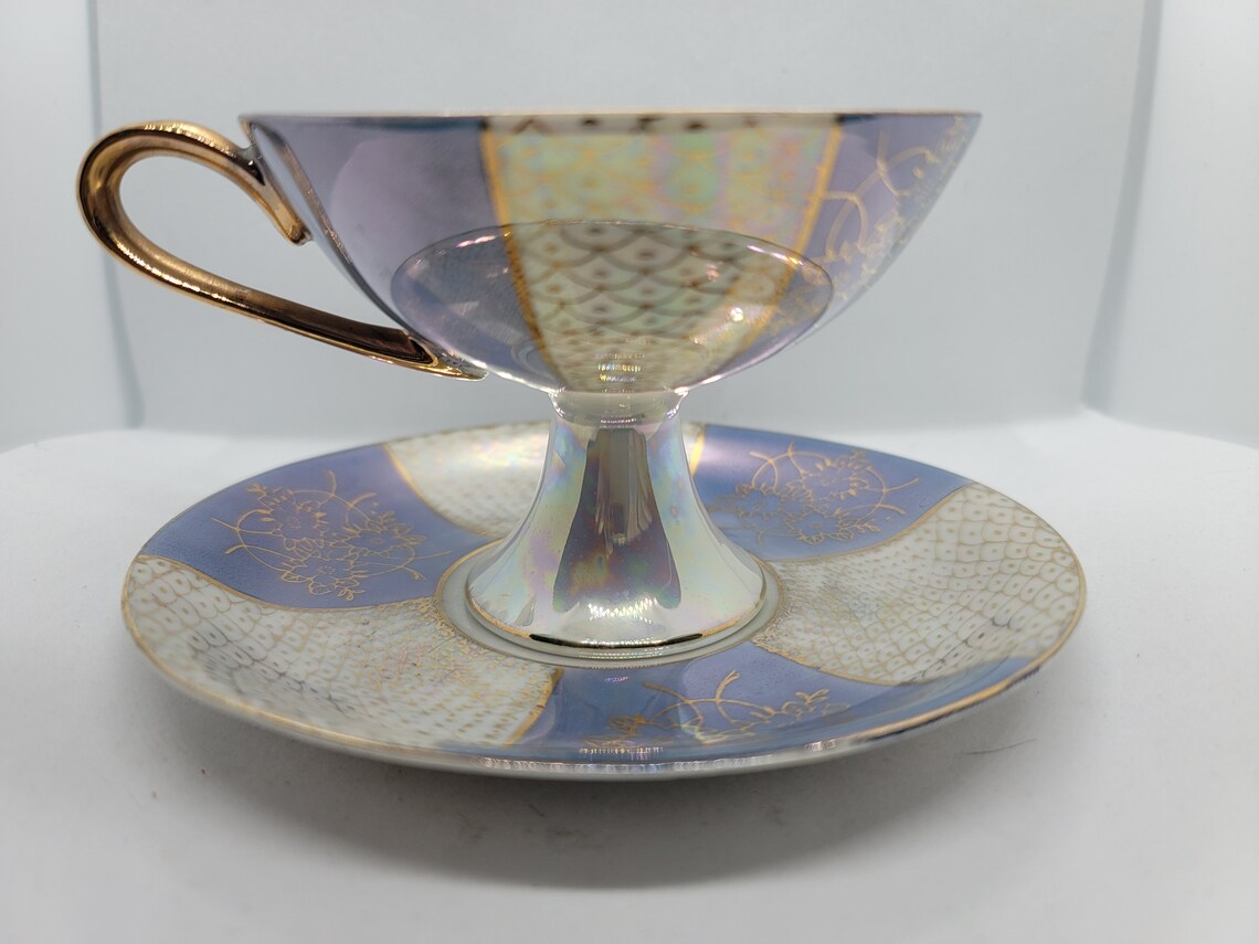 Enesco Japan Tea Cup & Saucer Iridescent Bone China Pedestal Etsy