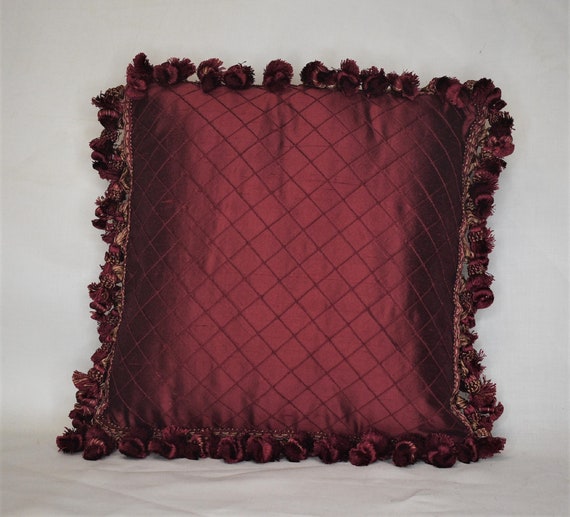 Burgundy Red Silk Decorative Throw Pillow With Tassel Fringe Etsy