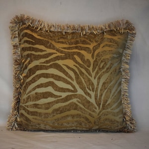 gold burnout chenille and satin tiger skin fringed decorative pillow for sofa chair or bed