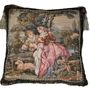 Belgian french tapestry pillow with tassels in red gold green for sofa for living room image 11