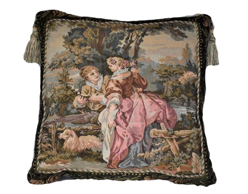 Belgian french tapestry pillow with tassels in red gold green for sofa for living room image 11