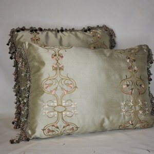 floral embroidered faux silk in light green with gold and peach flowers decorative pillow