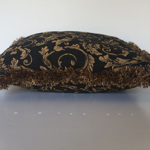 large black gold floral leaf throw pillow with fringe for sofa or chair handmade in usa rectangle or square