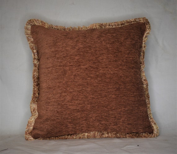 Burnt Orange Gold Floral Pillows in Chenille With Fringe for Sofa