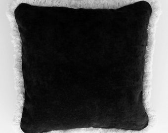 black velvet decorative throw pillow with white fringe for living room sofa