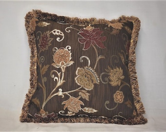 embroidered floral gold brown rust decortive throw pillow with fringe for sofa chair or couch hamdmade in usa