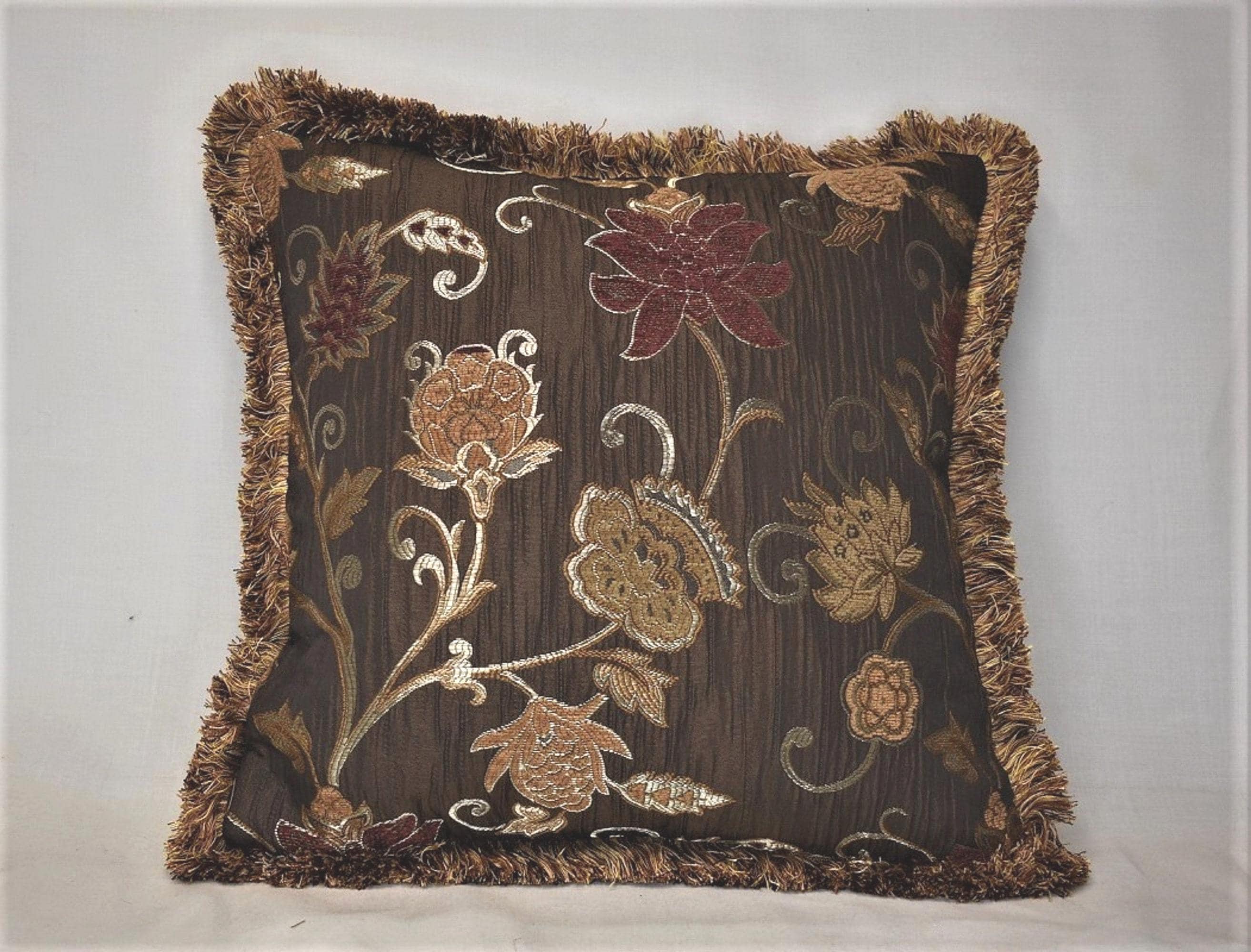embroidered floral gold brown rust decortive throw pillow with fringe for sofa chair or couch hamdmade in usa