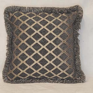 grey and gold decorative throw pillow geometric square with fringe for living room sofa