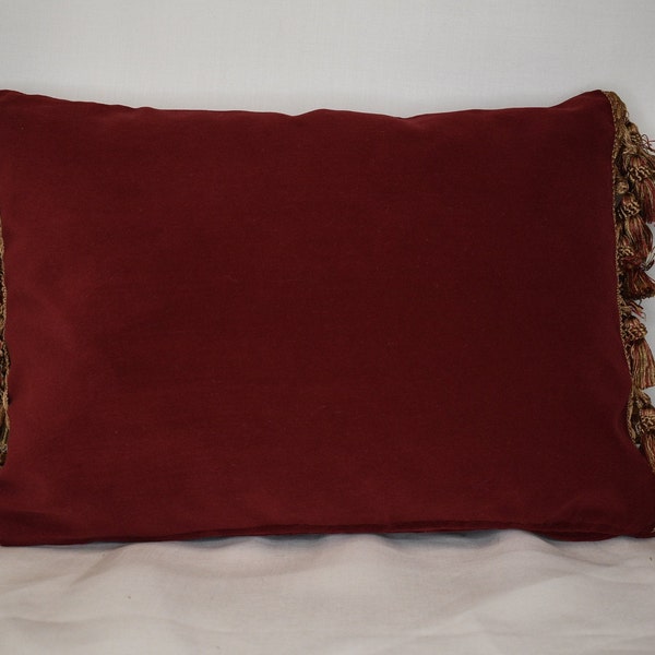 rectangle throw pillow rust or red and gold velvet with tassel trim handmade usa for living room sofa or chair