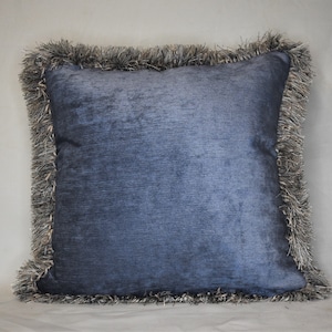light blue beige chenille fringe decorative throw pillow for living room sofa