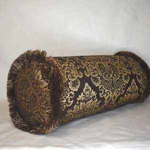 large brown gold geometric stripe damask solid chenille throw pillow with fringe handmade in usa for sofa couch or chair living room