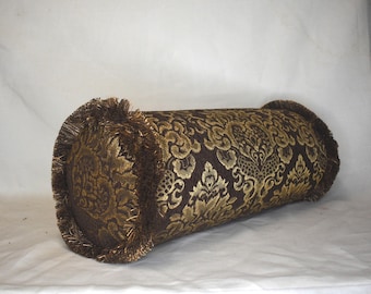 large brown gold geometric stripe damask solid chenille throw pillow with fringe handmade in usa for sofa couch or chair living room