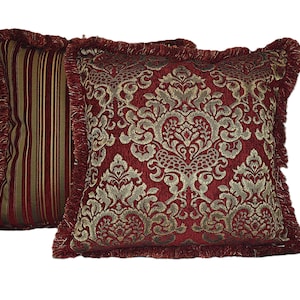 large chenille damask stripe red gold embroidered throw pillows with fringe for sofa