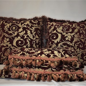 large embroidered  burgundy red gold leaf chenille fringe pillow for sofa or chair hand made in usa