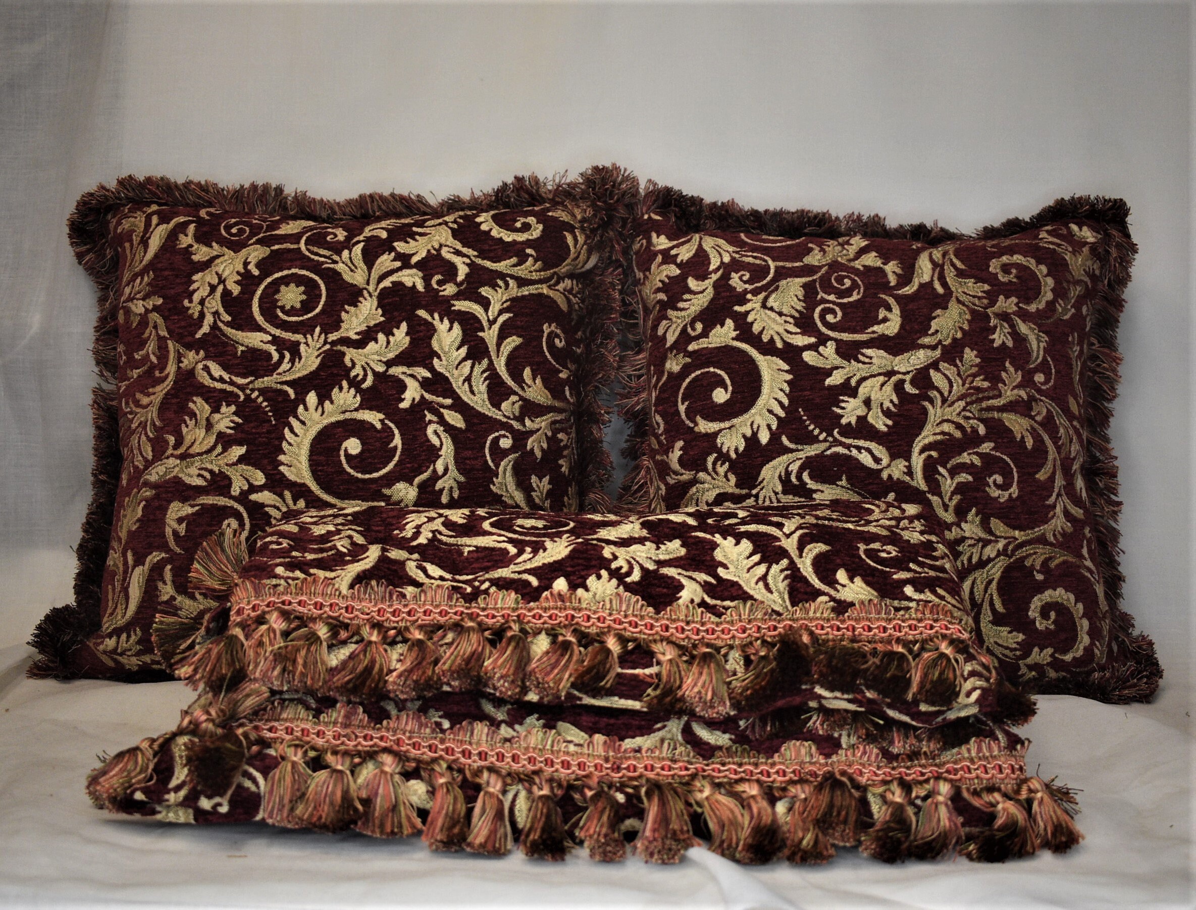 large embroidered  burgundy red gold leaf chenille fringe pillow for sofa or chair hand made in usa