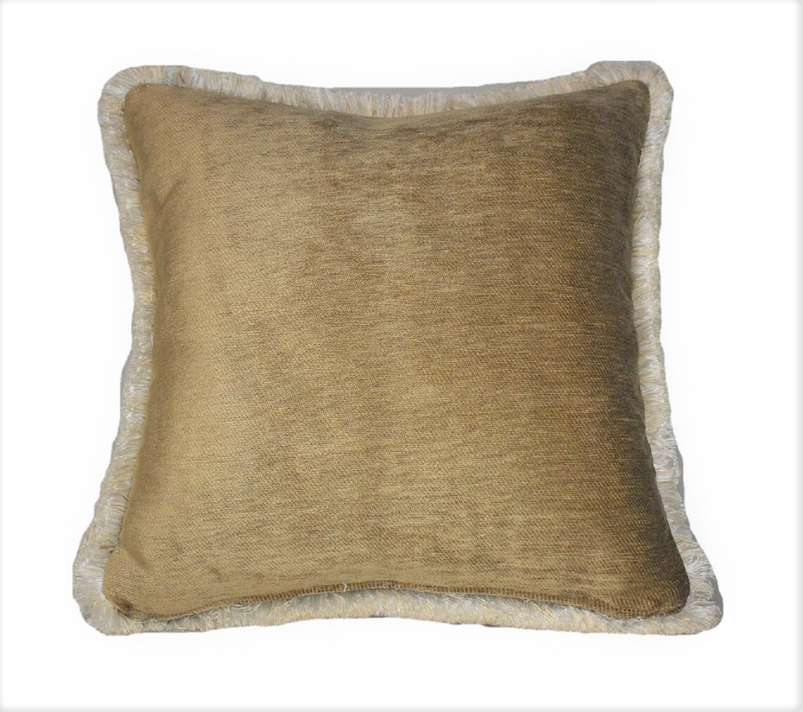 Large gold chenille decorative throw pillow with fringe for Etsy