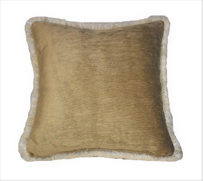 Large gold chenille decorative throw pillow with fringe for Etsy