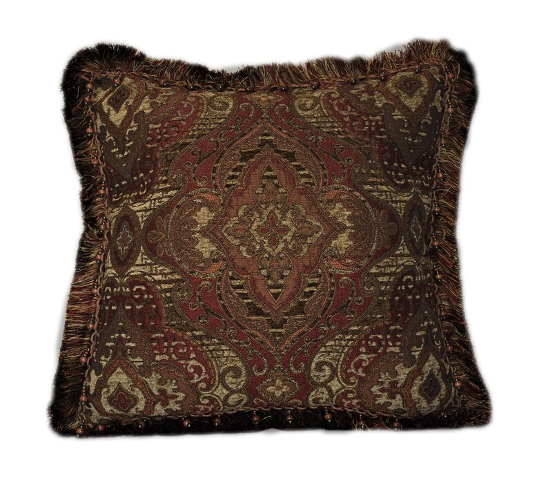 Boho Rust and Gold Decorative Pillow With Fringe and Wood Etsy