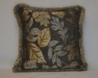 chenille leaf floral gold olive green decorative throw pillow with fringe for sofa