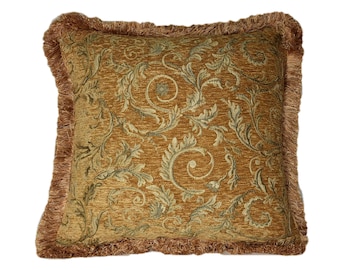 large gold floral pillows in chenille with fringe for sofa chair or couch with inserts made in usa