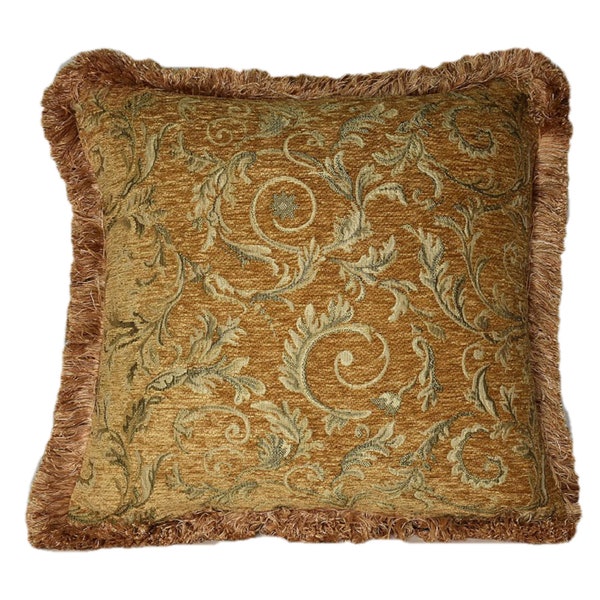 large gold floral pillows in chenille with fringe for sofa chair or couch with inserts made in usa