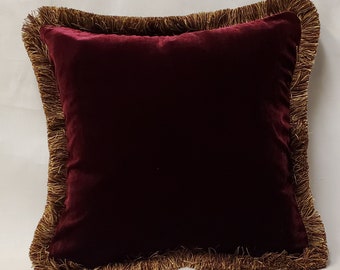 burgundy and gold fringe silk velvet decorative throw pillow for sofa chair couch or bed