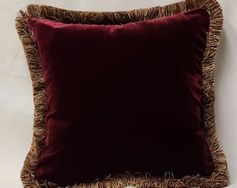 burgundy and gold fringe silk velvet decorative throw pillow for sofa chair couch or bed