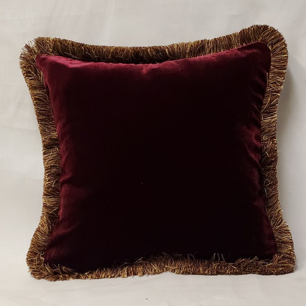 burgundy and gold fringe silk velvet decorative throw pillow for sofa chair couch or bed