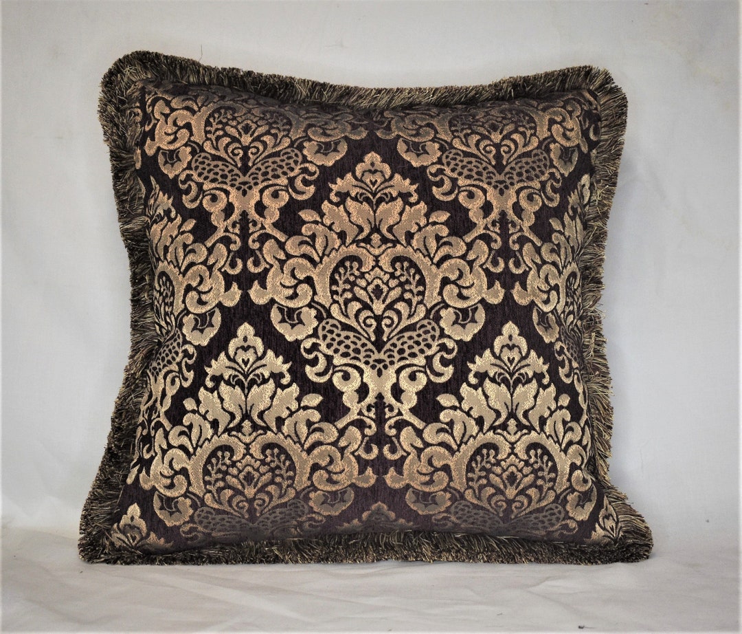 Large Eggplant and Gold Damask Chenille Throw Pillows With Fringe for
