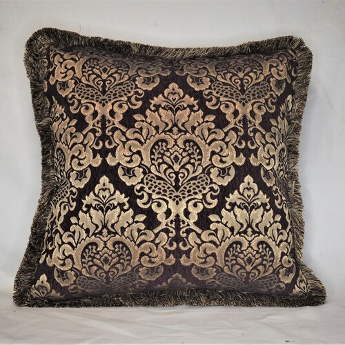 Large Gold Floral Pillows in Chenille With Fringe for Sofa Etsy