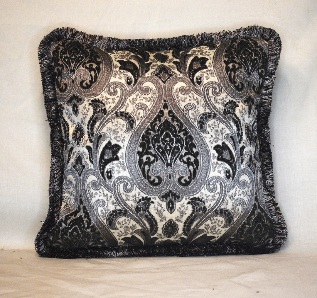 Charcoal Grey White Damask Floral Medallion Decorative Throw Pillow