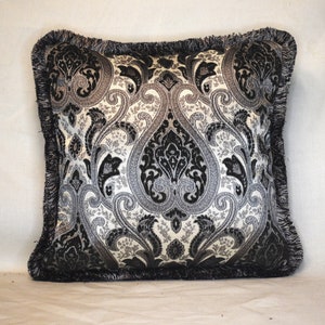 charcoal grey white damask  floral medallion decorative throw pillow with piping for living room sofa