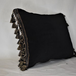 heavy cotton blend black velvet rectangle lumbar throw pillow with fringe for sofa or chair or bed