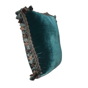silk velvet teal decorative throw pillow with teal and bronze tassel trim fringe