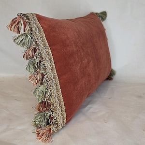 May include: A rectangular terracotta-colored velvet pillow featuring a decorative gold braided trim along the edge. The side is adorned with a series of alternating sage green and terracotta-colored tassels that hang from the braided border.