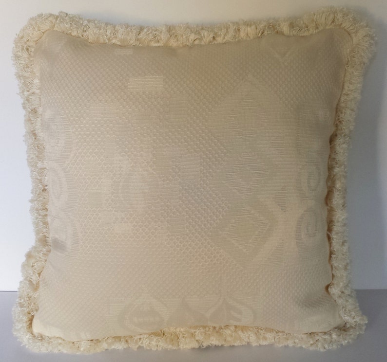 Large Solid Ivory Jacquard Decorative Throw Pillow With Fringe Etsy