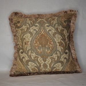 gold chenille damask medallion decorative traditional throw pillow with fringe