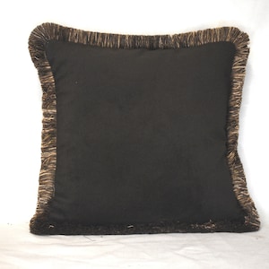 large brown velvet throw pillow with gold fringe for sofa couch or chair handmade in usa