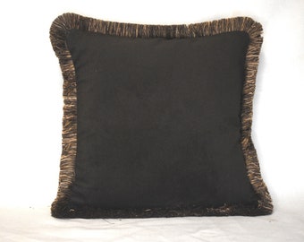 large brown velvet throw pillow with gold fringe for sofa couch or chair handmade in usa