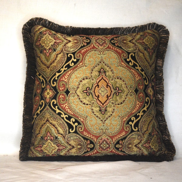 black gold orange red damask print decorative throw pillow with fringe