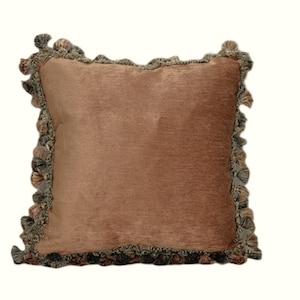 gold chenille decorative throw pillow with tassel fringe in gold and green