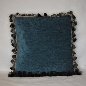 teal beige fringe chenille decorative throw pillow for living room sofa