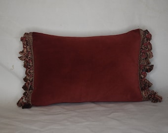 rectangle throw pillow rust or red and gold velvet with tassel trim handmade usa for living room sofa or chair