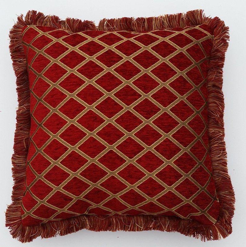 Large Chenille Red Gold Embroidered Throw Pillows With Fringe Etsy